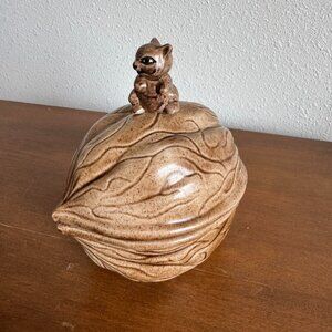 Vintage Mini Squirrel on Walnut Ceramic Canister, Nut Jar